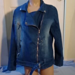 TAXI,  Blue Jean Jacket with Asymmetrical Zipper and Moto Style, Size 1x